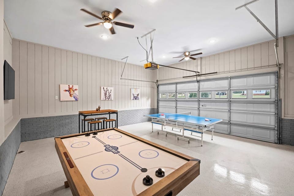Converted garage into a game room with a ping-pong table &amp; air hockey.