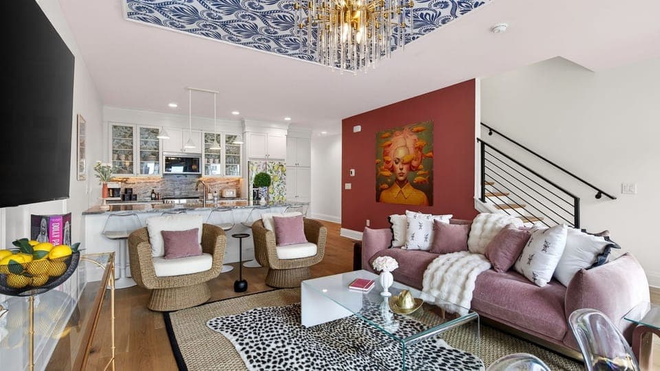 Transition seamlessly from the living room to the kitchen.