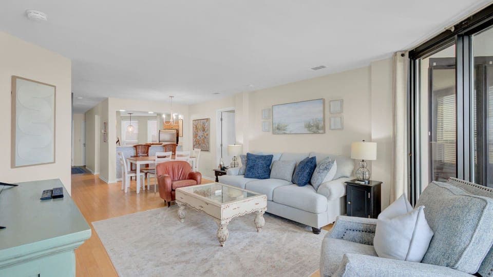 Bright living room with coastal decor.