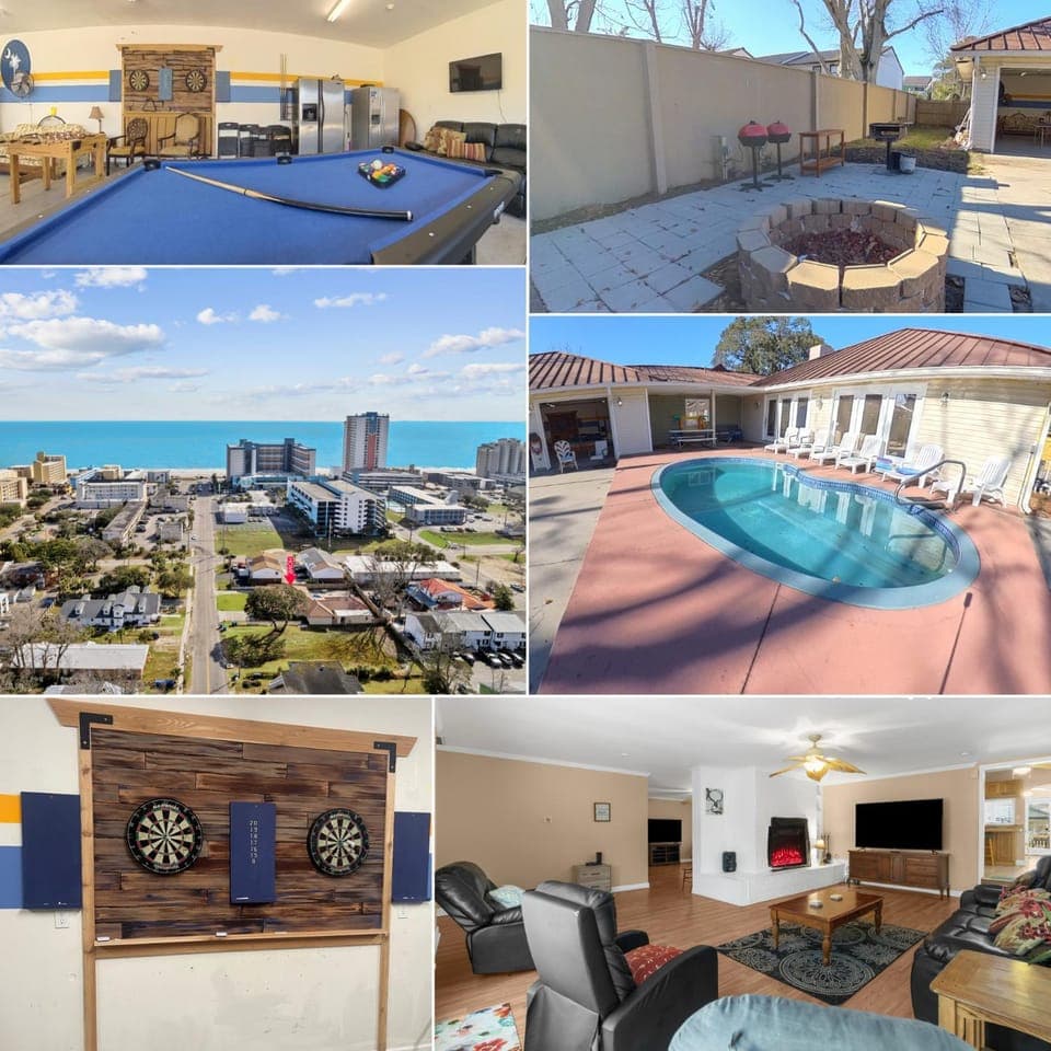 Day, Neighbourhood, BBQ facilities, Billiard, Darts, Game Room, TV and multimedia, Seating area, Dining area, Beach, Evening entertainment, Pool view, Sea view, Swimming pool, fireplace, pet friendly