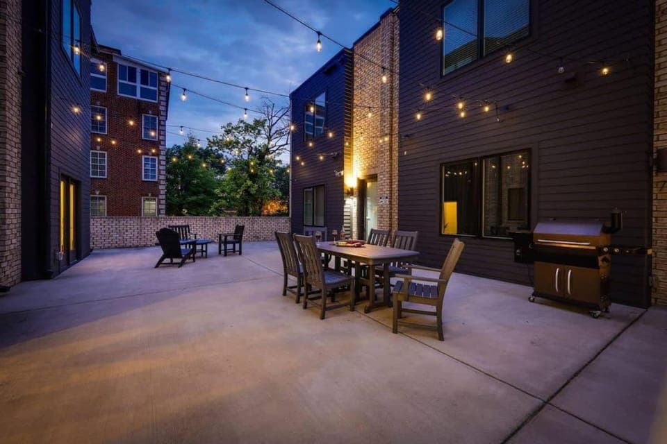 Property building, Patio, Night, Seating area