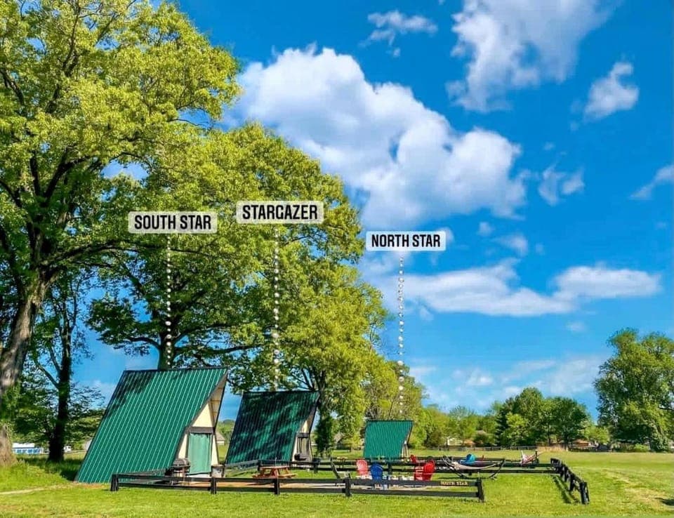 Rustic A-Frame Glamper w/ Fire Pit, AC, & Breakfast Near Nashville Chalet in Old Hickory Lake