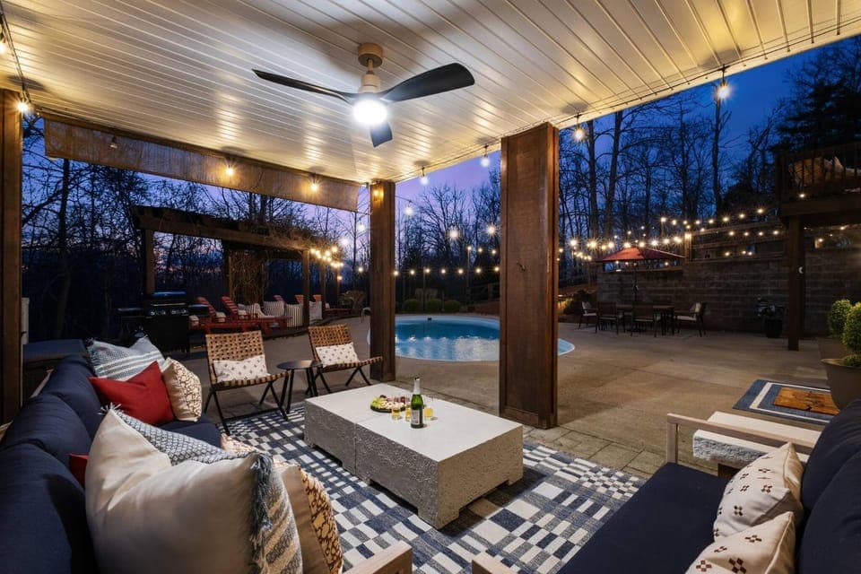 Patio, Garden, Seating area, Pool view, Swimming pool