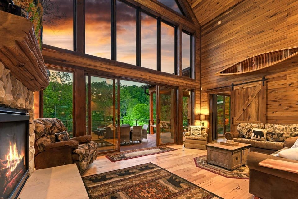 Highly Rated New Riverfront Cabin Full of Windows Hot Tub Pool Table Sleeps 12 Cabin in Townsend