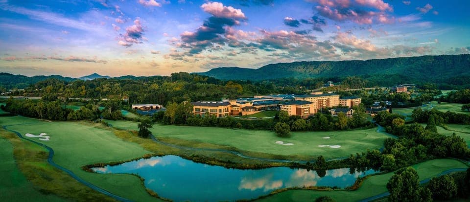 Property building, Natural landscape, Bird's eye view, Golfcourse