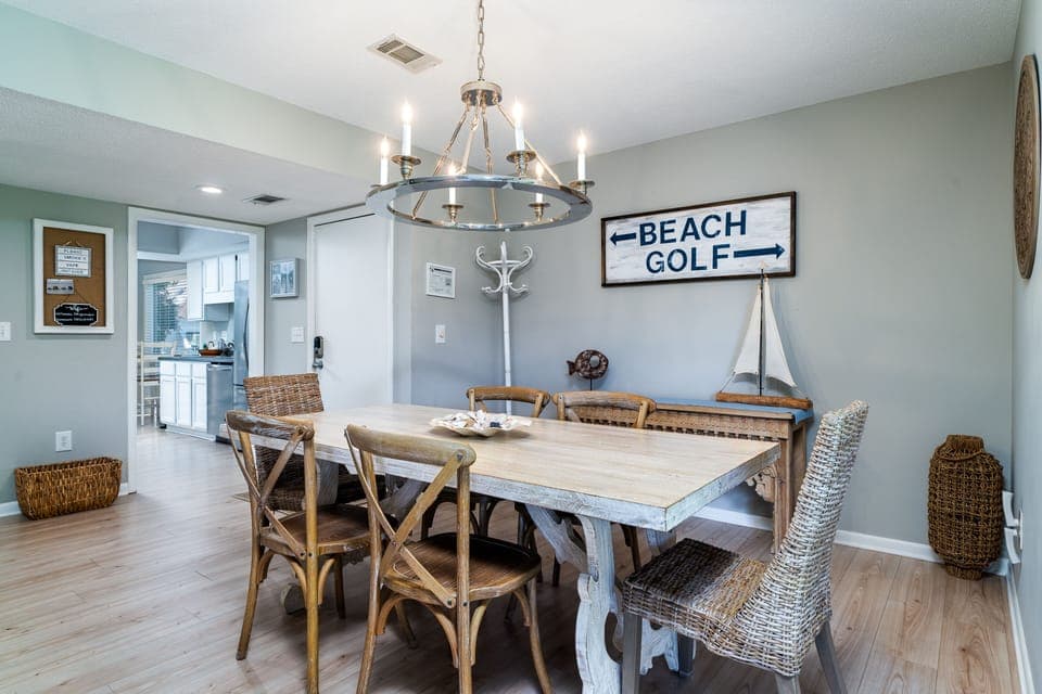 The dining room and kitchen open to one another