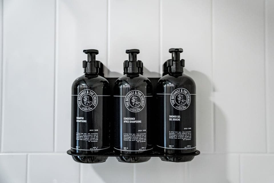 Hair dryer, towels, soap, shampoo