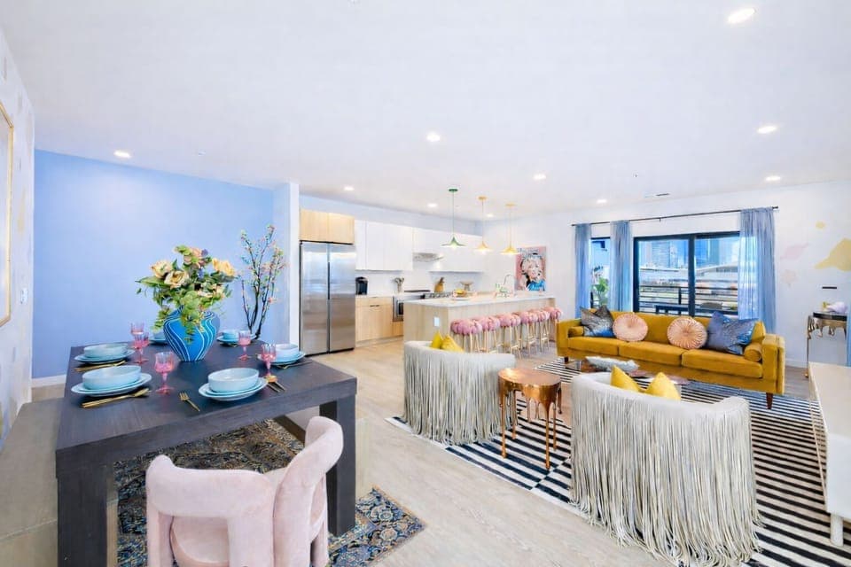 Open & bright Dolly Parton themed living area featuring modern designer furnishings.