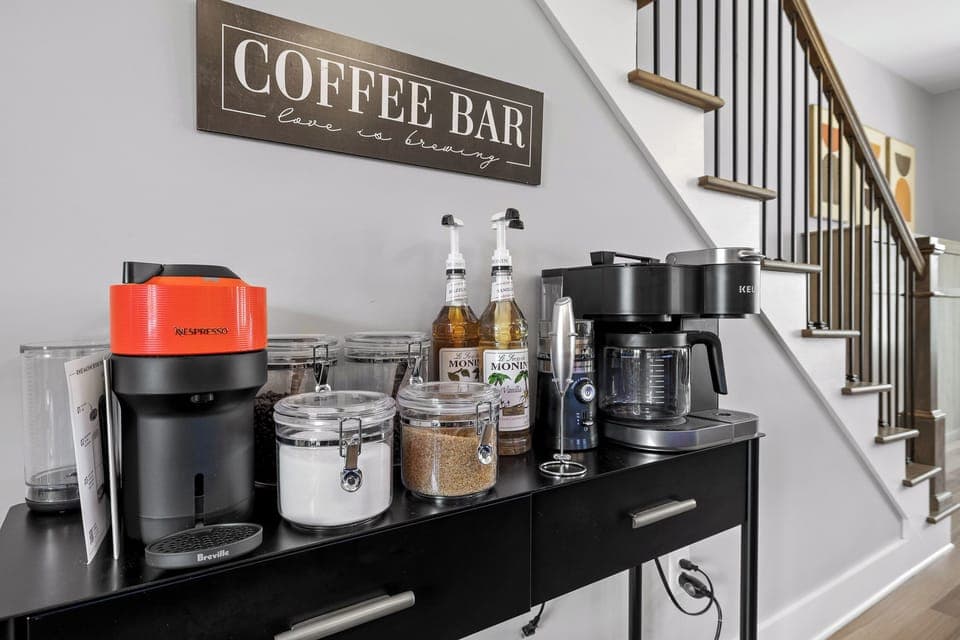 A coffee drinkers dream with dual Keurig, coffee grinder, Nespresso, Chemex, coffee beans, ground coffee, flavored syrups, white sugar, raw sugar, oh my!  We didn't forget non coffee drinks and offer assorted teas. 