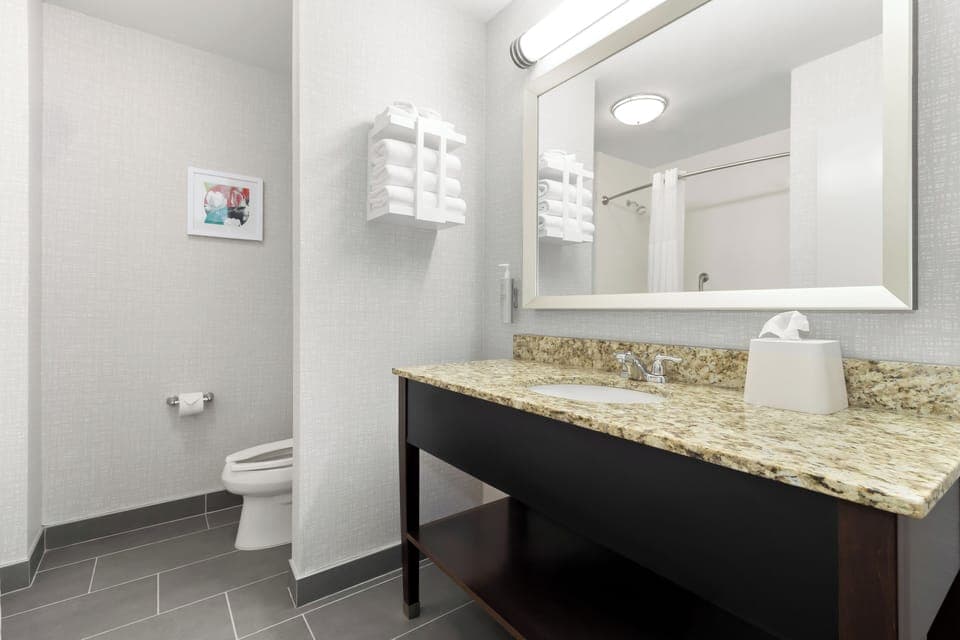 Shower, free toiletries, hair dryer, towels