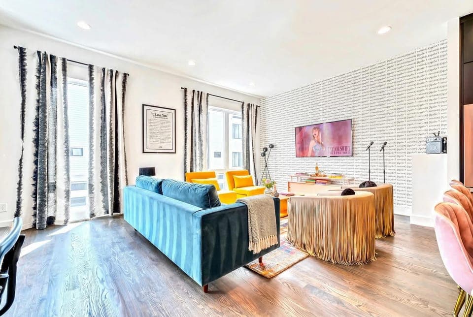 Step into a vibrant oasis inspired by Music City, featuring chic decor and colorful accents—perfect for a fun getaway with friends or family. This elegant space is ideal for your Nashville bachelorette party or group retreat, blending relaxation and style!