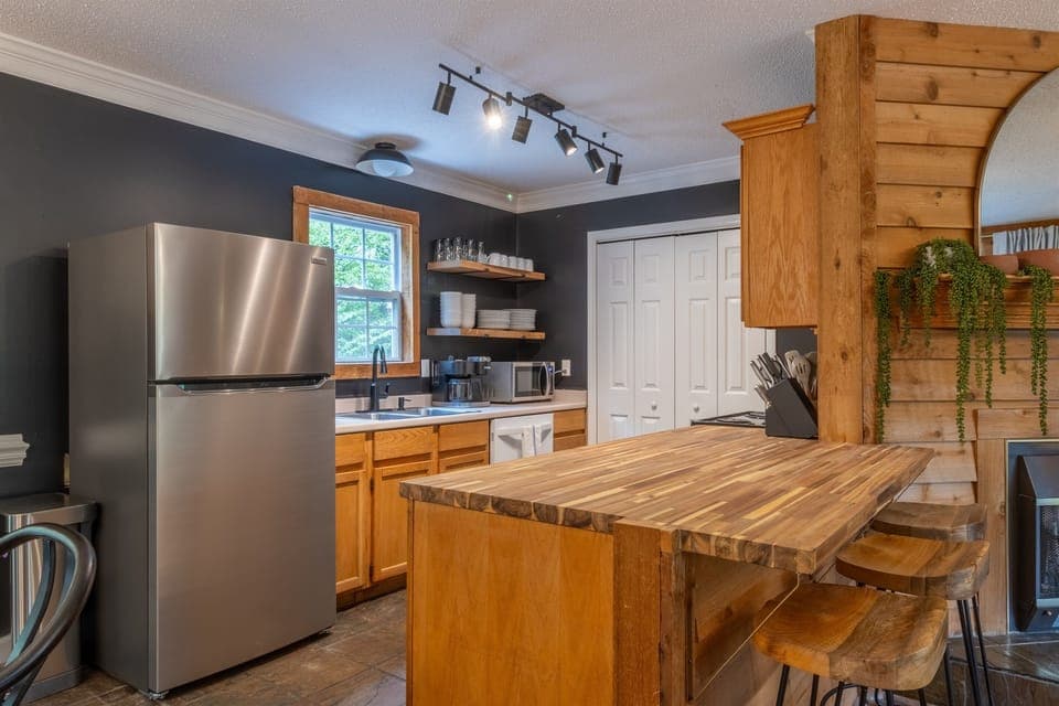 Kitchen view, stocked with all you need to cook throughout your stay