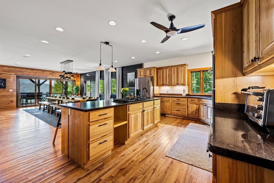 The spacious kitchen with incredible mountain views is a dream to cook in.