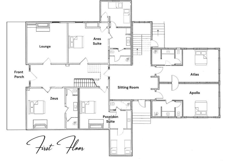 First floor of The Athenian. Sitting Room and Lounge are common spaces for all guests.