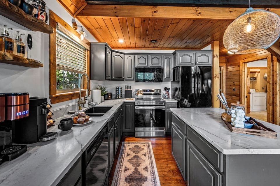 This fully stocked kitchen is ready for all of your needs, including spices, pots & pans, crock pot, toaster and more!