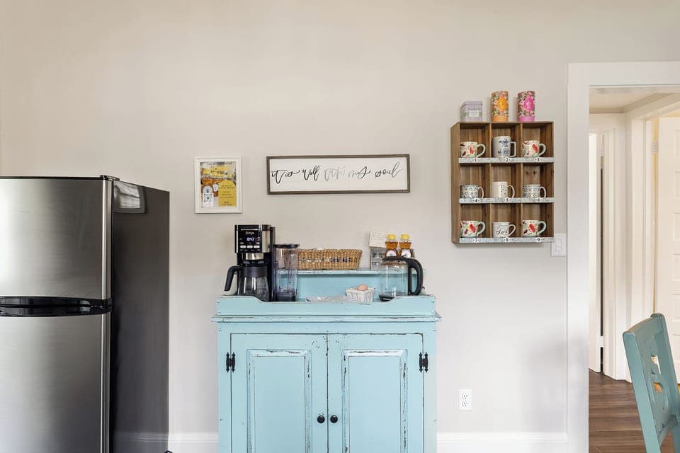 Coffee bar has Keurig/drip combo as well a kettle and coffee/creamers/tea 
