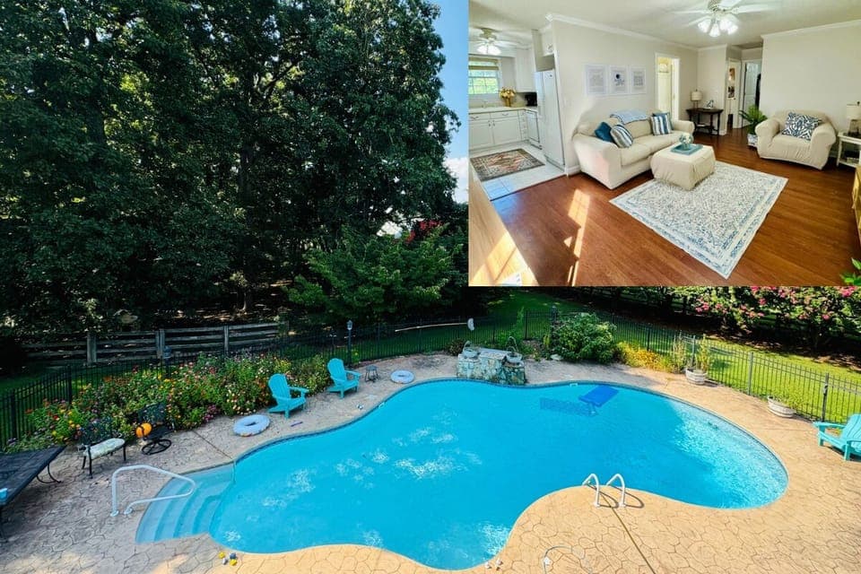 View of the bright, airing living room and the pool view from the private deck