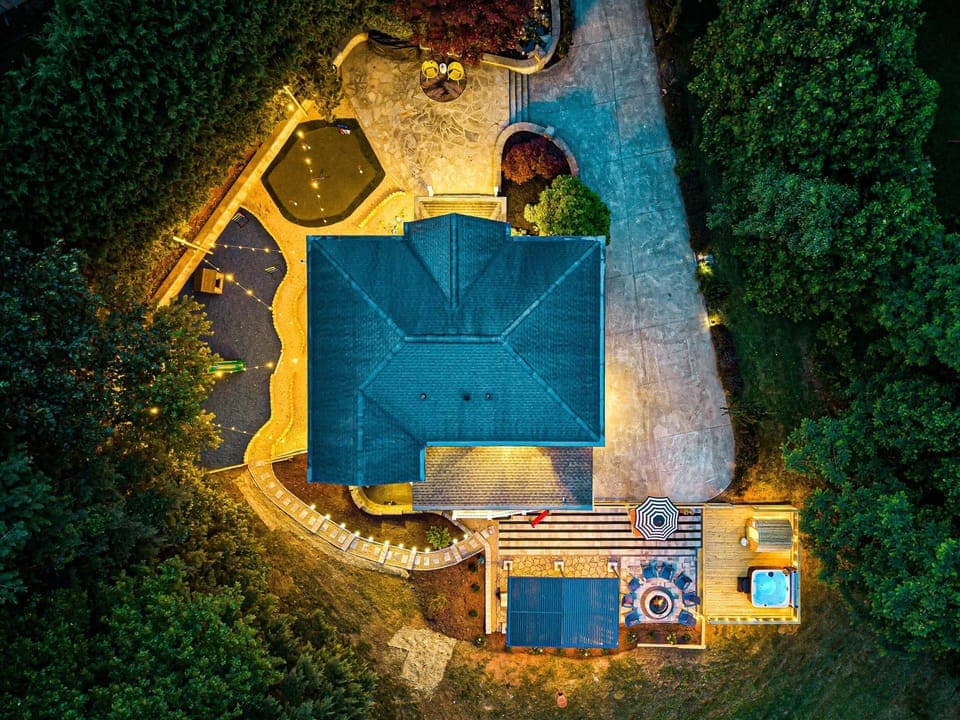Your private retreat illuminated at night — nestled in meadows, with everything Asheville nearby. 
