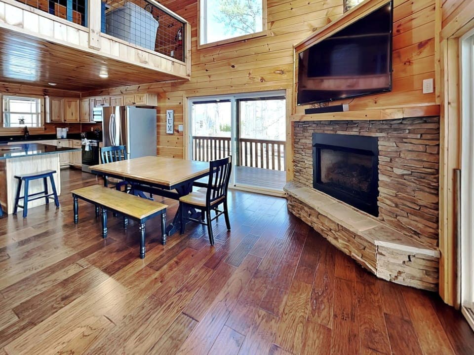 Dining Table with Seating for 8, TV + Fireplace