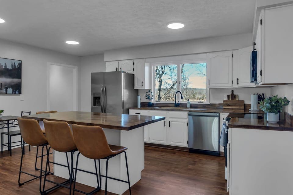 Our kitchen is outfitted with brand new stainless steel appliances. 