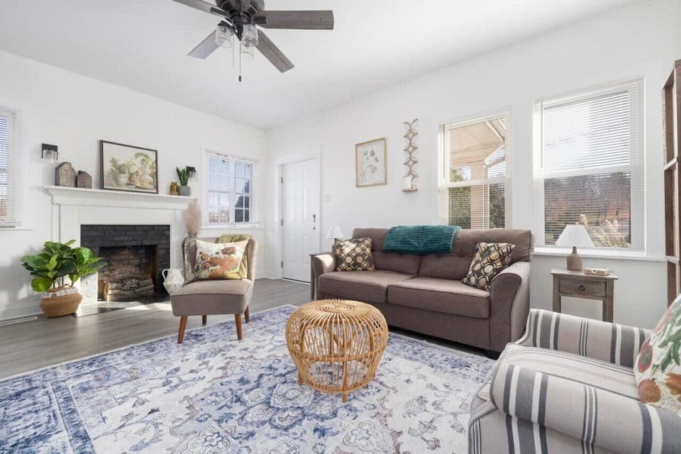 The living area has comfortable seating for five.
