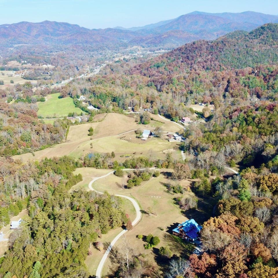 Aerial view of our estate.  Secluded but only a 90 second drive to town