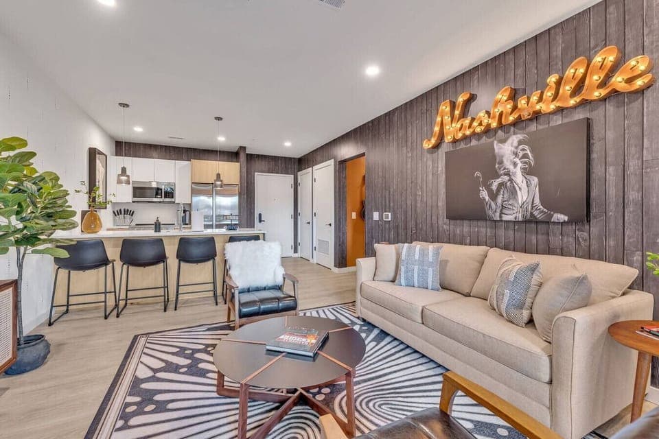 The Stage Living room with luxury furnishings and queen sleeper sofa