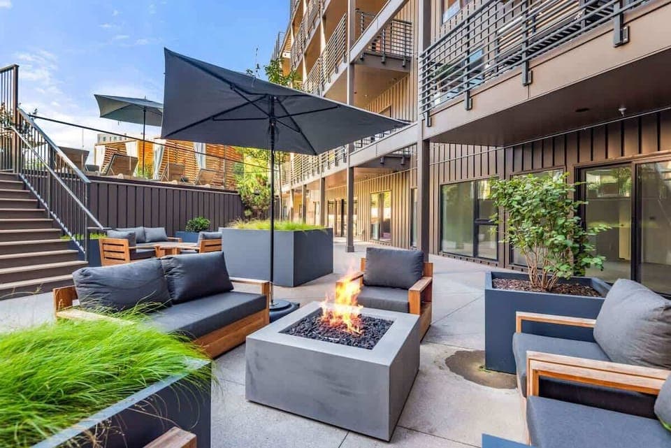 Fireplace and seating by the pool