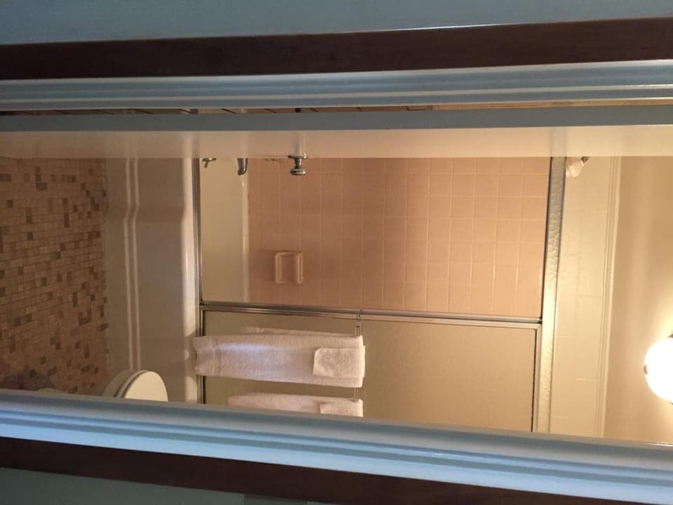 Combined shower/tub, free toiletries, towels, soap
