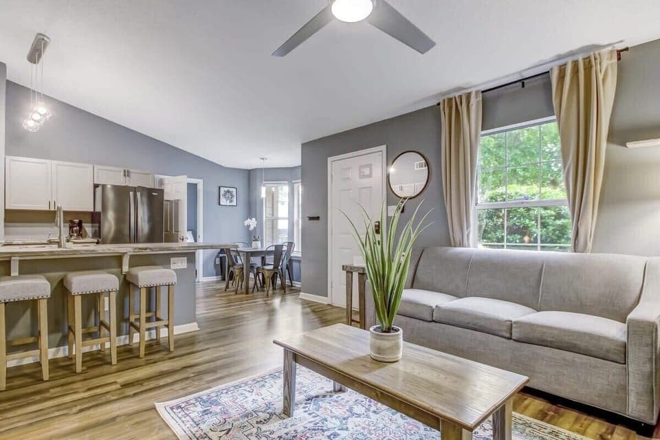 Another view of the open living area showing the flow into the kitchen.