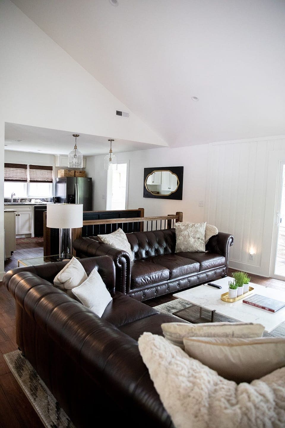 Great room open to kitchen with 2 Leather Sofas