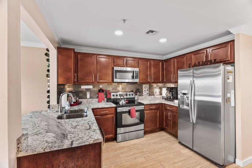 Full kitchen including coffee maker.