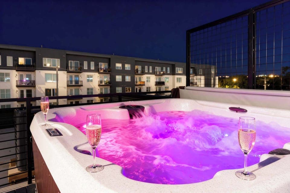 Unwind in your private hot tub with stunning views of downtown Nashville. Perfect for large groups or bachelorette parties, this luxurious oasis offers comfort and vibrant city life, making every moment a celebration!