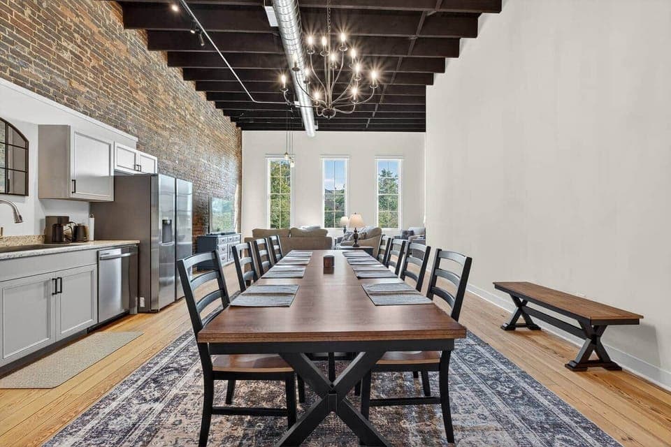 Gather with friends and family at this farmhouse table that seats 12.