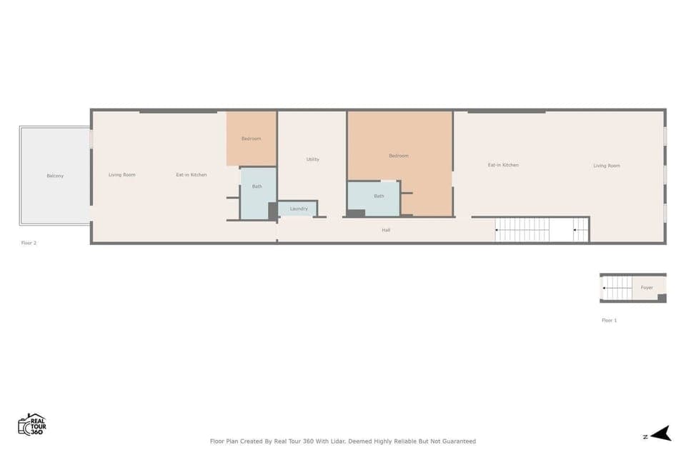 Here's a floor plan of the Lofts. A utility room separates the two suites to cut down on any noise between them. The Courthouse Loft is the larger Suite (1200 SF) and the Balcony Loft is the smaller Suite (900 SF). The Laundry Room is shared,
