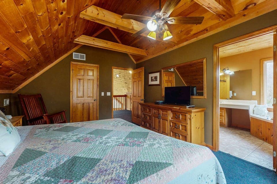 Enjoy rustic charm with a stunning view and luxurious bathroom just steps away!