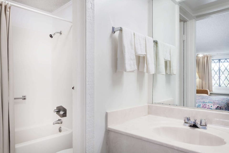 Combined shower/tub, free toiletries, towels