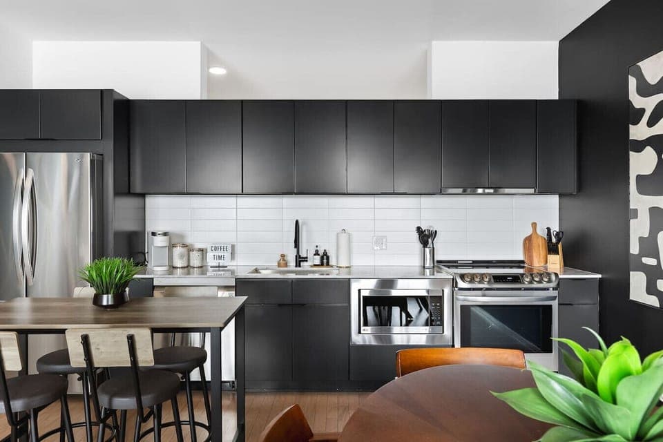 Fully equipped, modern-appliance kitchen for all of your cooking needs! Keurig machine + K-cups provided. Seating for 4 at the high-top table, and seating for 6 at the dining table.