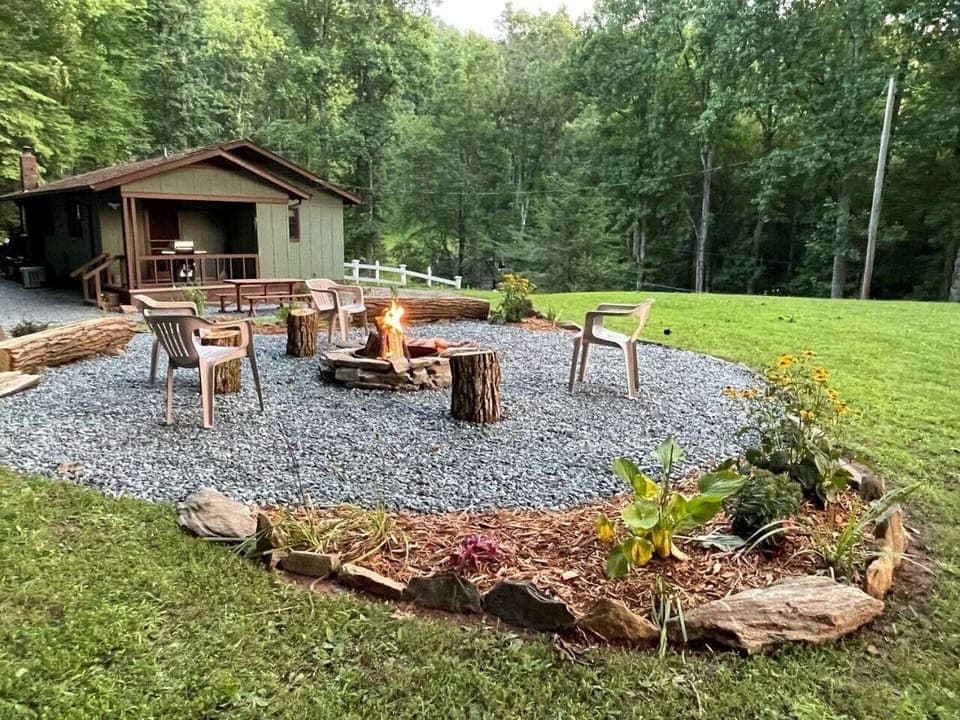 Back yard with fire pit grass area