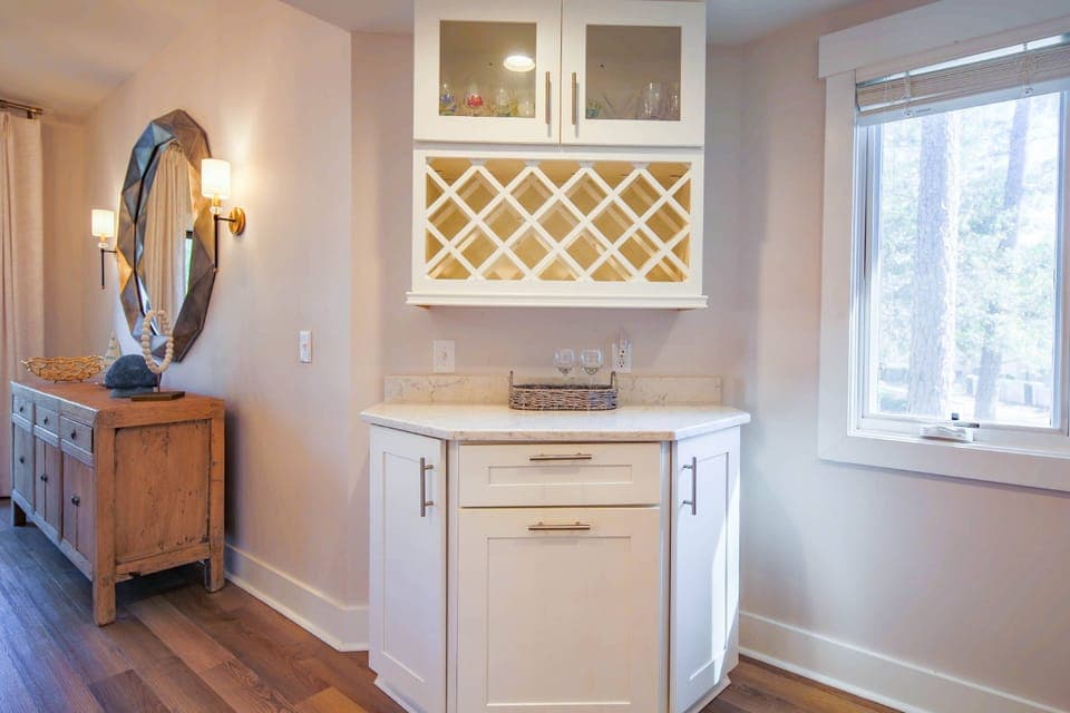 The kitchen flows into the dining area.