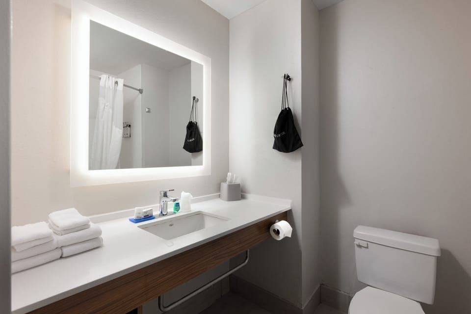 Combined shower/tub, free toiletries, hair dryer, towels