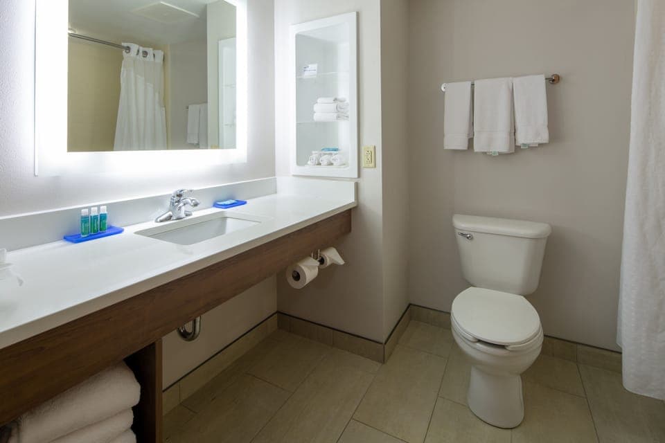 Combined shower/tub, free toiletries, hair dryer, towels