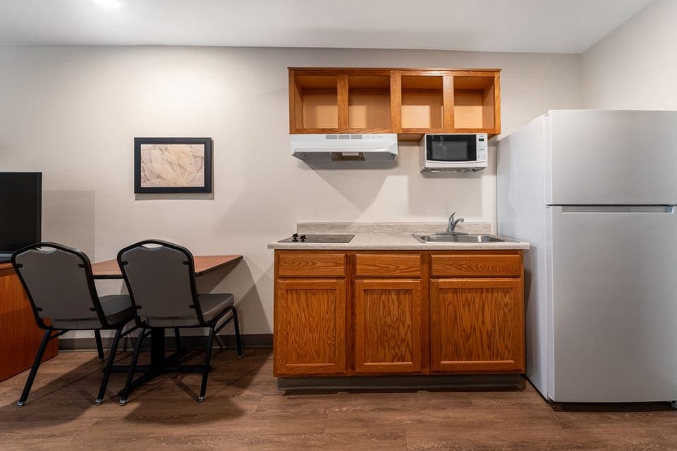 Full-size fridge, microwave, stovetop