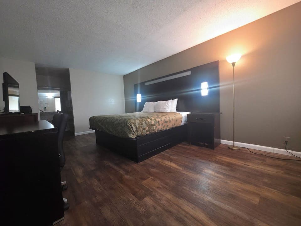 Desk, laptop workspace, blackout drapes, soundproofing