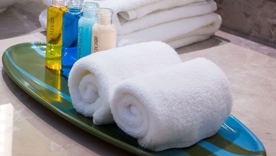 Combined shower/tub, free toiletries, hair dryer, towels