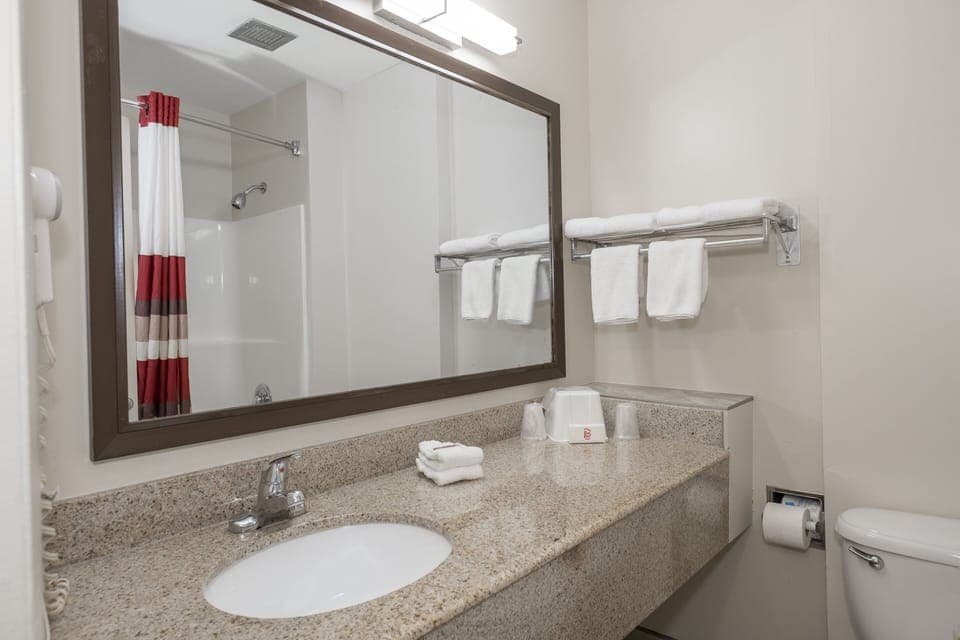 Combined shower/tub, free toiletries, hair dryer, towels