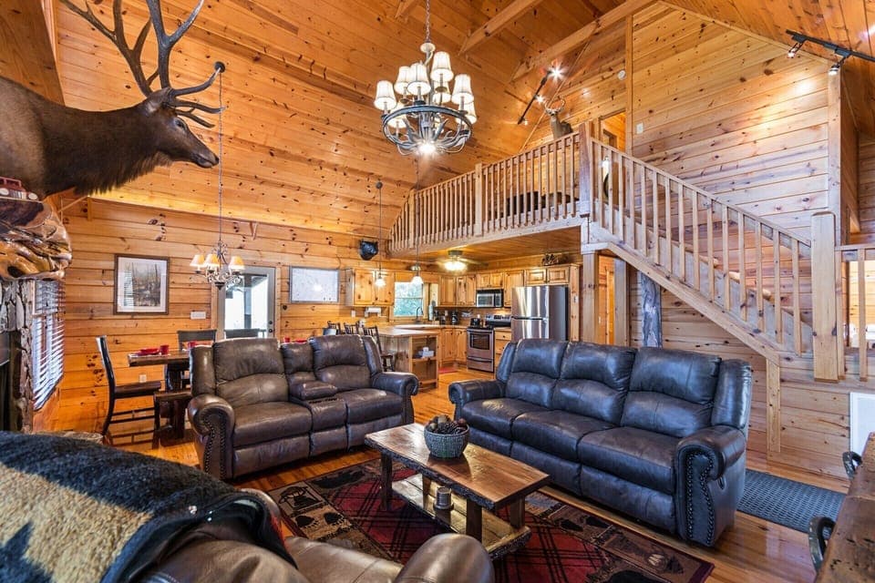New Leather Reclining Furniture-Black walnut coffee & end tables-Trophy Bull Elk