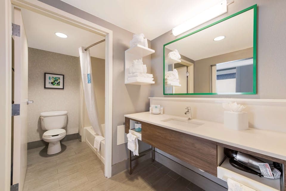 Combined shower/tub, hair dryer, towels