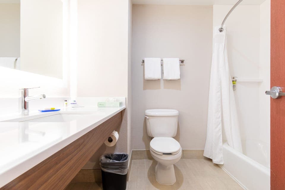 Combined shower/tub, free toiletries, hair dryer, towels