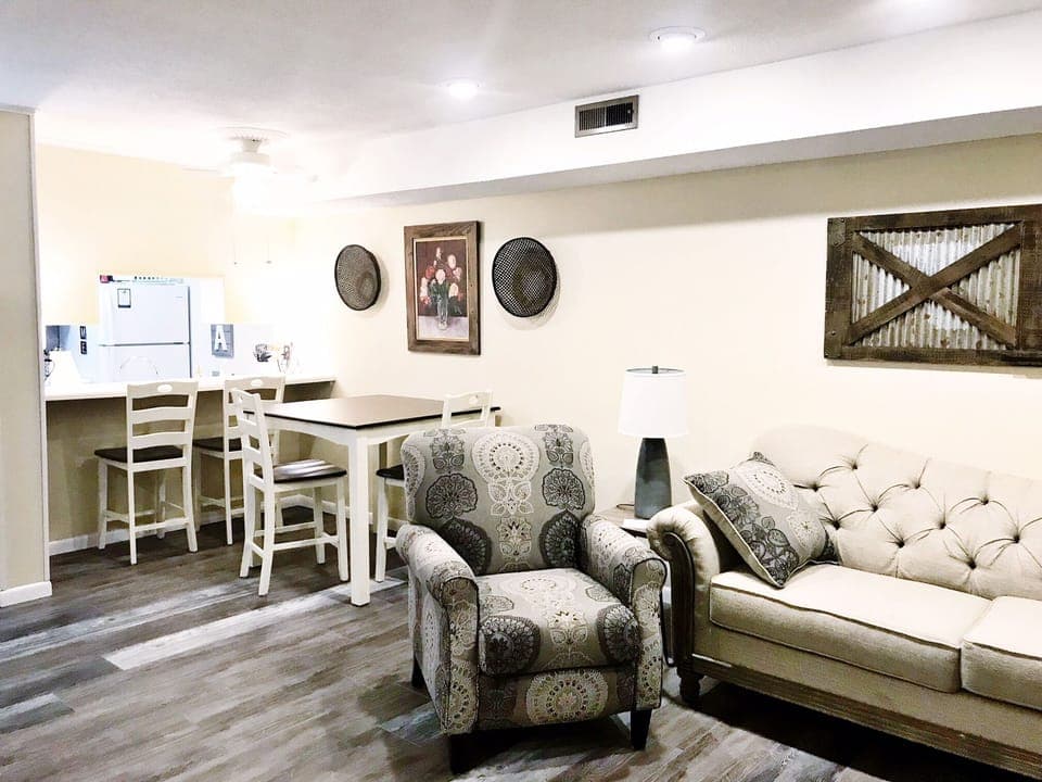 Living room and open dining room